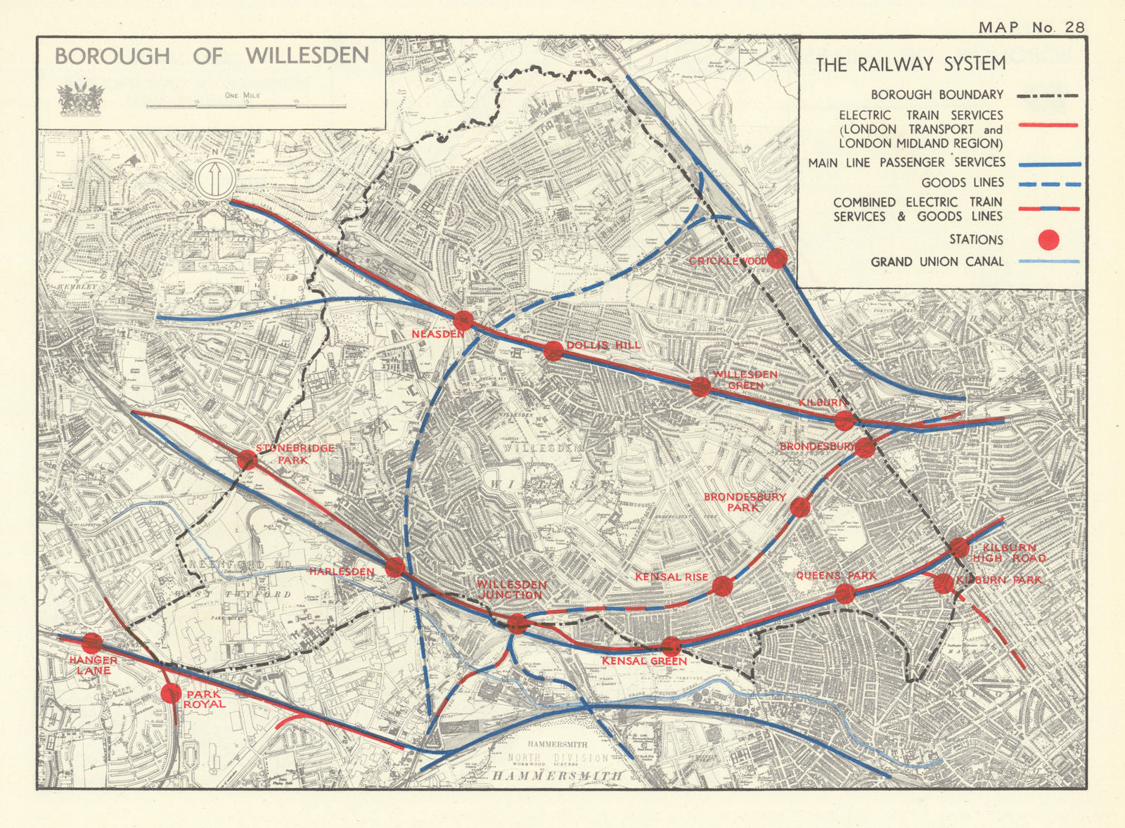 Willesden Borough. The railway system. Kensal Kilburn Neasden 1950 old map
